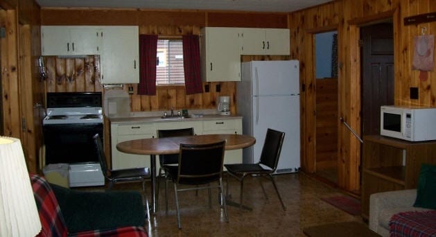 Cabin kitchen and dining table.