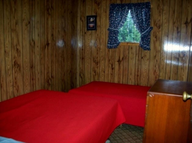 Cabin bedroom with two twin beds.